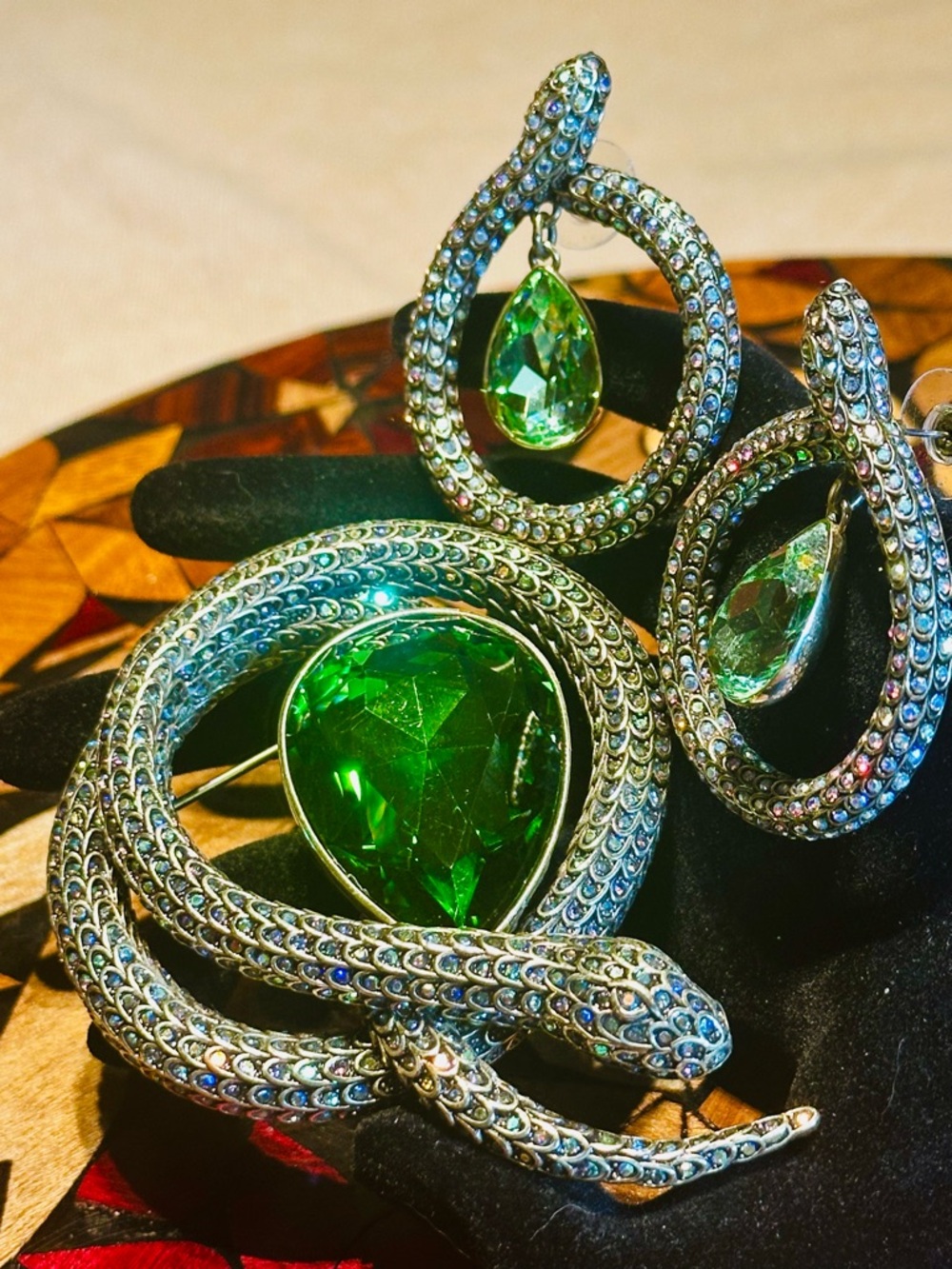 SOLD. Heidi Daus "Grand Serpentina" Crystal Snake Pin and Dangle Earrings